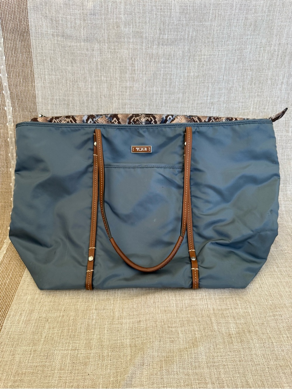 Tumi Slate Blue Nylon Tote with Brown Leather Handles Snake Print